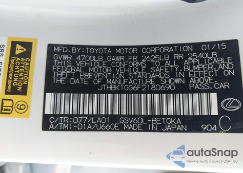 2015 Lexus Es 350 из США, поврежденный, VIN JTHBK1GG6F2180690